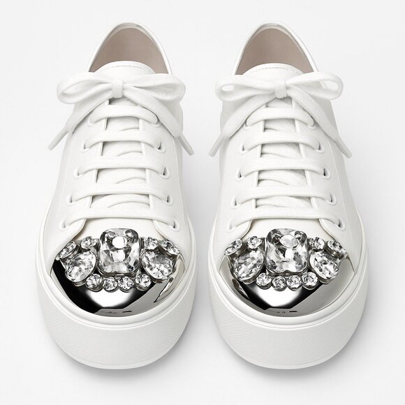 Miu Miu Swarovski Crystal Toe-Cap Nappa Leather Sneakers White Platform 40.5/10 - Picture 1 of 16